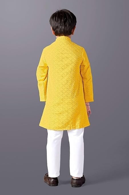 Image of Valaki Kurta Pajama Set for Boys Cotton Blend Mirror Work Embroidery Kurta Pyjama for Boys