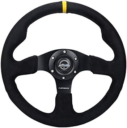 NRG Innovations NRG-RST-012SA-Y Reinforced Steering Wheel - Alcantara Steering Wheel with Yellow Center Mark 320mm Diameter, and 25mm Deep Black Stitch