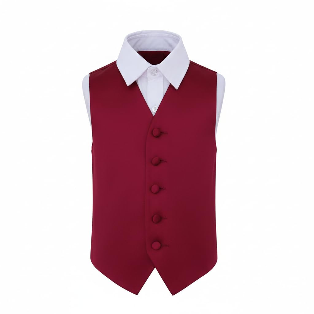 DQT Boys Plain Satin Waistcoat - Wedding Pageboy Formal Suit Vest - Burgundy 13-14 Years 34"