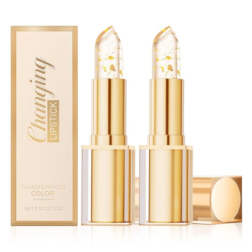 Flintronic 2pcs Lapiz Labial Cambio de Color, Lápiz Labial con Cambio de Temperatura, Bálsamo Labial Transparente Dorado, Labial con PH Adaptable, Larga Duracion