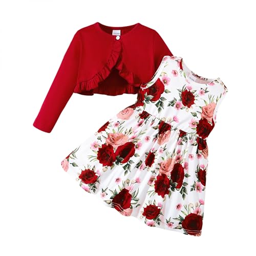 Girls Dress and Cardigan Sleeveless Floral Print Tank Dresses and Bolero Shrug 2 Piece Kids Girl Spring Outfit