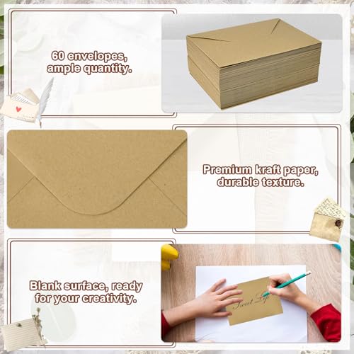 WEFHEF 60 Stück Umschläge Kraftpapier Briefumschläge B6 Kuvert Briefkuvert für Grußkarten Einladung 12.5 x 17.5cm Briefhülle für Geburtstagskarten Nassklebung Spitzklappe beschriften oder bedrucken