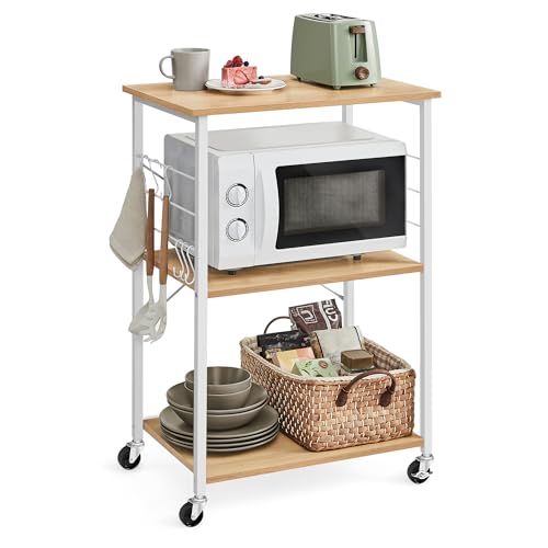 VASAGLE Étagère de Cuisine à roulettes, Chariot à 3 Niveaux, Support pour Micro-Ondes, Four, Grille-Pain, Cadre Métallique avec 6 Crochets, 40 x 60 x 89 cm, Doré Chêne et Blanc Nuage KKS060Y09