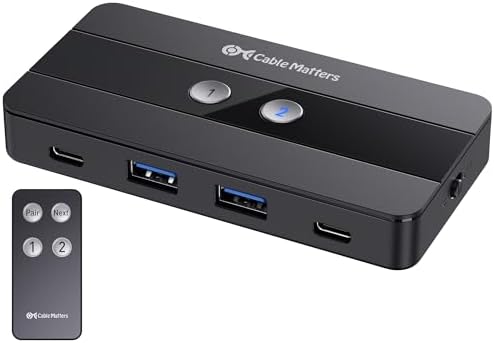 Cable Matters 10Gbps 4-Port USB, USB C Switch for 2 Computers with Remote Control, KVM Switch/USBC Switcher, Share 2X USB-A and 2X USB-C Peripherals Between 2 Hosts