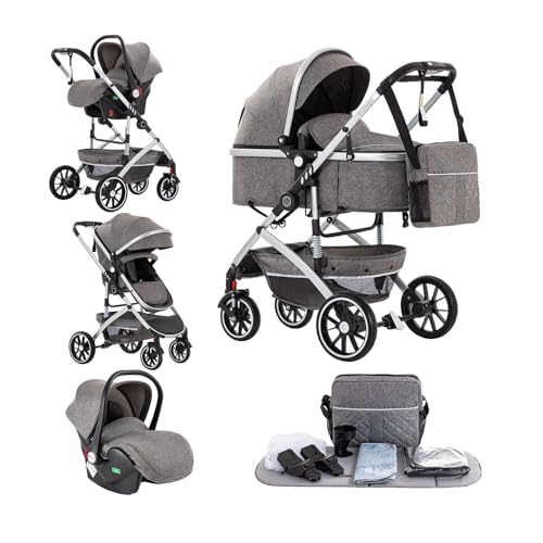 Kakbgee Cochecito Combinado 3 en 1, Carrito bebé de Ciudad con Asiento de Coche, Sistema de Viaje Plegable con un Clic Cochecito de Alta Visión para Recién Nacidos (22KG, 0-4 Anos), Gris