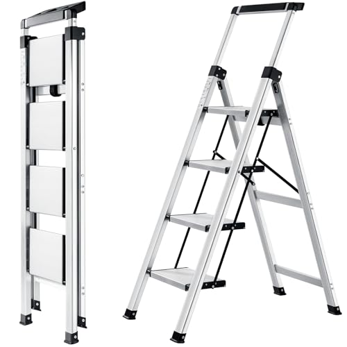 XinSunho Escalera 4 Peldaños Aluminio Plegable con Pasamanos Extensible Bandeja para Herramientas