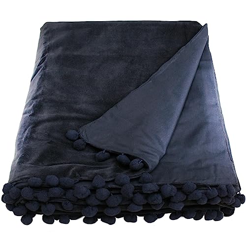 Ragged Rose 140 cm x 180 cm Throw Blanket, Pom Pom Throw Made of Cotton Velvet with Pompom Trims on Sides