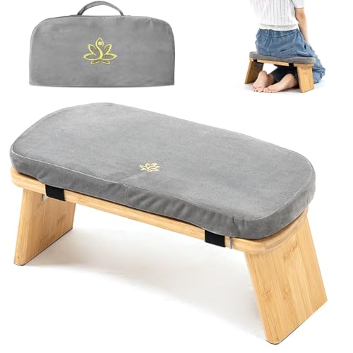Meditation Bench, Bamboo Meditation Stool, Folding Kneeling Meditation Bench, Seiza Prayer Bench, Prayer Bench with Meditation Cushion, Kneeling Stool (Grey & Bag)