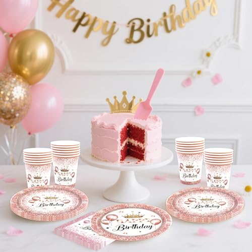 HiEnjoin 80 Stück Roségold Partygeschirr für 20 Gäste, Rosegold Geburtstag Geschirr Kindergeburtstag Teller Becher Servietten Pappteller Party Deko Mädchen, Tischdekoration für Hochzeitsfeiern