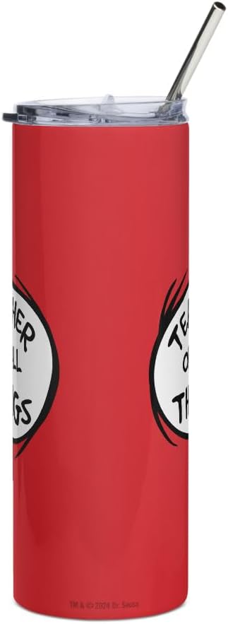 Dr. Seuss The Cat in the Hat Teacher of All Things - Stainless Steel Tumbler - 20oz (600ml) Insulated Travel Mug with Straw - Officially Licensed