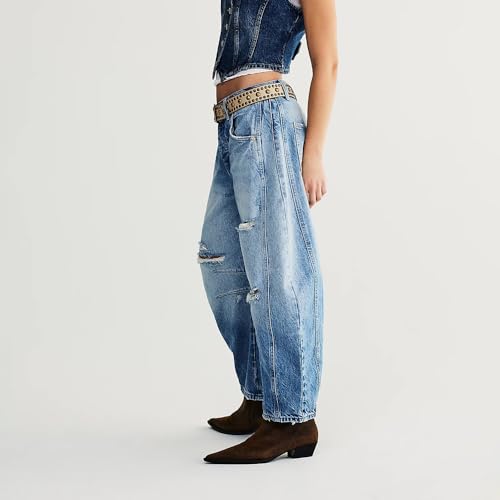utcoco Womens Mid Rise Barrel Jeans Y2k Baggy Boyfriend Distressed Ripped Jeans Wide Leg Denim Pants3