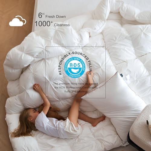 Image of Royoliving Premium Feathers Down Duvet Insert Pinch Pleat Comforter 100% Cotton Cover Duvet Insert with Corner Tabs (White Twisted Flower, Queen All Season)
