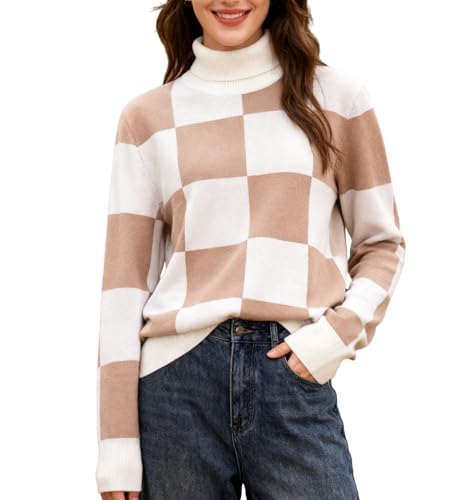 SANGTREE Turtleneck Sweaters for Women Long Sleeve Checkered Pullover Knit