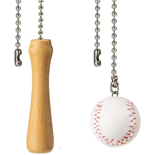 Baseball and Baseball Bats Ceiling Fan Pull Chain Ornaments Extender，with 12" Silver Bead Chain Fan Pulls