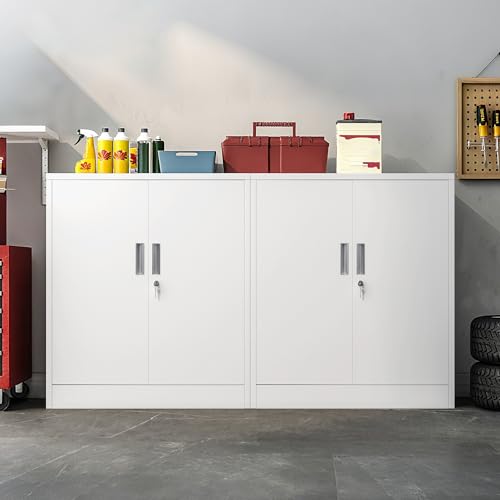 Wanfu Metal Storage Cabinet, 36\" H Locking Storage Cabinet with 2 Adjustable Shelves for Garage, Home, Office, Utility Room-White - Thumbnail 5