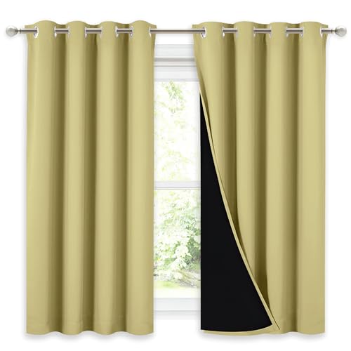 Image of NICETOWN 100% Blackout Curtains with Black Liners, Thermal Insulated Full Blackout 2-Layer Lined Drapes, Noise Cancellation Window Drapes for Dining Room (Paler Yellow, 2 Panels, 52 inch W by 54 inch L)