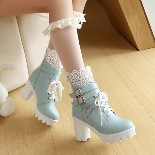 Image of BEAUPAS Women's Gothic Lace Up Platform Ankle Boots Buckles | Buckle Strap, Chunky High Heel, Lace Cuff Top, Platform Combat Boots, Women's Footwear