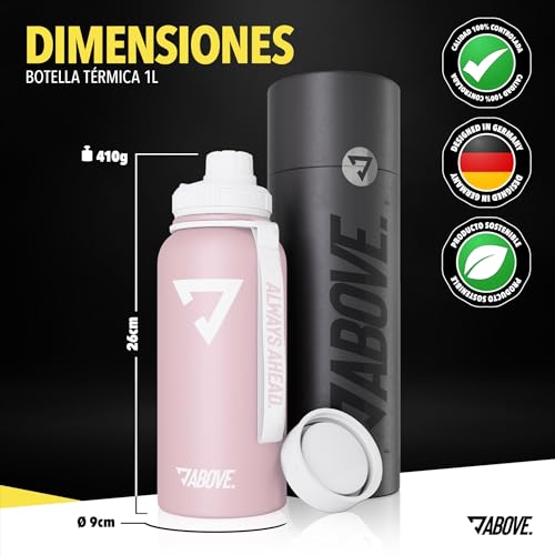 Miniatura 2 de Above. Botella Termica 1l De Acero Inoxidable Sin Bpa, Antifugas Y Resistente Mantiene Calor 12h Y Frío 24h Con 2 Tapas Ideal Para Deporte Y Exterior Con Caja De Regalo Rosa
