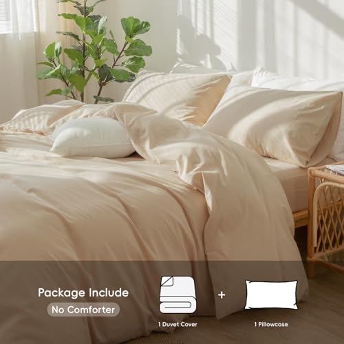 Image of MooMee Bedding Duvet Cover Set 100% Washed Cotton Linen Like Textured Breathable Durable Soft Comfy (Solid Sandy Beige, Twin 68 inchx90 inch)