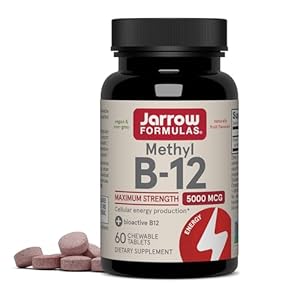 Jarrow Formulas Methyl Vitamin B12 5000 mcg – 60 Chewable Tablets, Naturally Fruit Flavored- Bioactive B12 Vitamin – Supports Cellular Energy Production, Brain Health & Metabolism – 60 Servings
