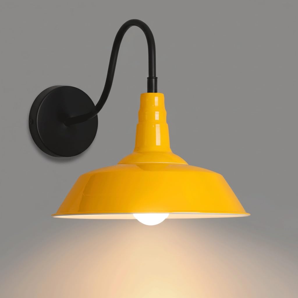 IvyLoutish Modern Industrial Barn Wall Sconce, Colorful Farmhouse Gooseneck Wall Light with Metal Umbrella Shade, Vintage Fixture for Restaurant Bar BBQ Shop Kitchen Decor, E26/E27(Yellow)