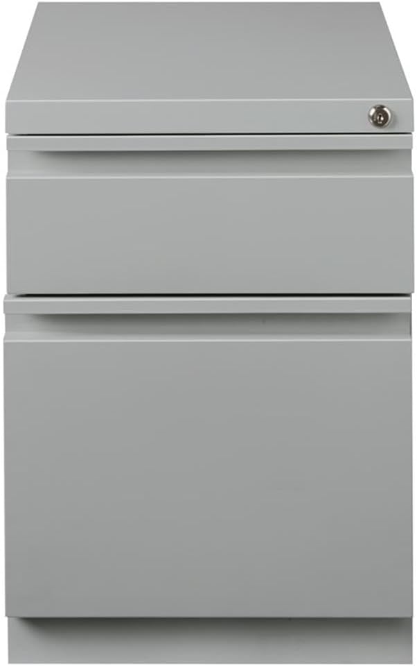 Pemberly Row Mobile Pedestal File Cabinet, 20" D, Steel Construction, 2-Drawer Box/File, Full-Width Pulls, Hidden Casters, Lockable, Silver Finish, Commercial Grade Filing Cabinet for Office Use