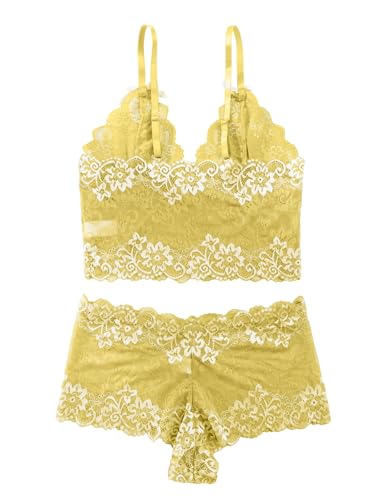 Image of Lilosy Sexy Lingerie for Women Lace Pajamas Set Cami Bra and Panty High Waist Sheer Sleepwear 2 Piece 2XS-6XL