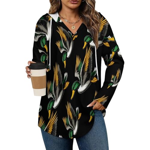 Flying Wild Mallard Duck Hoodies for Women V Neck Pullover Sweatshirts Long Sleeve Shirts Fashion Tops