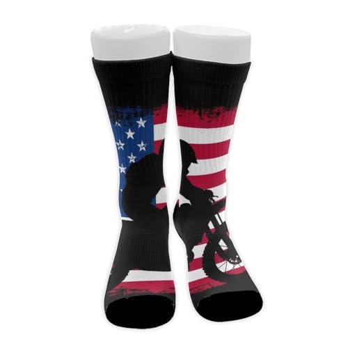 CWECVWE Boy's Classic Polyester Socks Moisture Wicking Sport Running Socks Motorcycle American Flag Motocross Dirt Bike