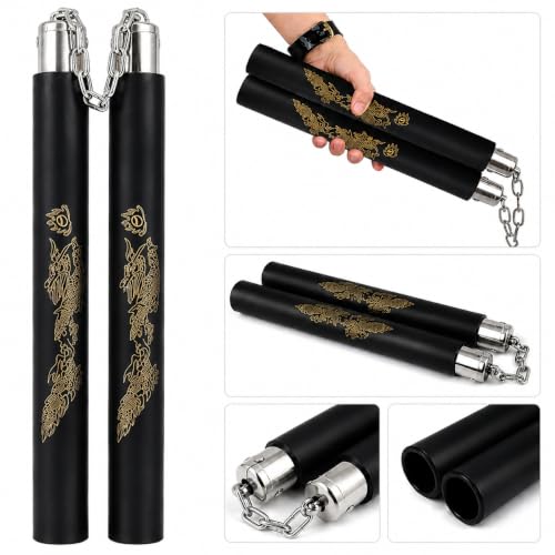 Image of Dragon Design Foam Training Nunchaku with Metal Chain | Martial Arts Practice Nunchucks | Lightweight Training Stick | Black