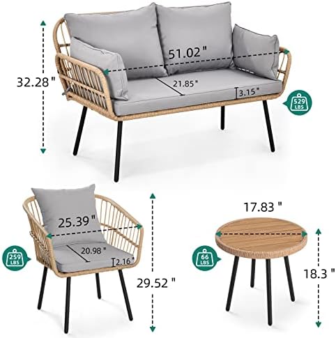 YITAHOME 4 Pieces Patio Furniture Set, Wicker Outdoor Bistro Set, All-Weather Rattan Patio Conversation Set with Loveseat Chairs Table Soft Cushions for Backyard, Pool, Deck, Garden - Grey