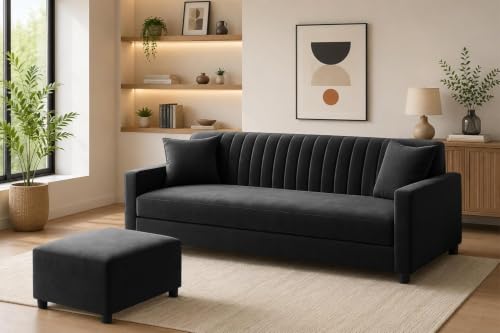 Image of 3-Seater Wooden Sofa Set with Ottoman, Soft Velvet Fabric, Comfortable Couch for Living Room, Office & Apartment - Black Color