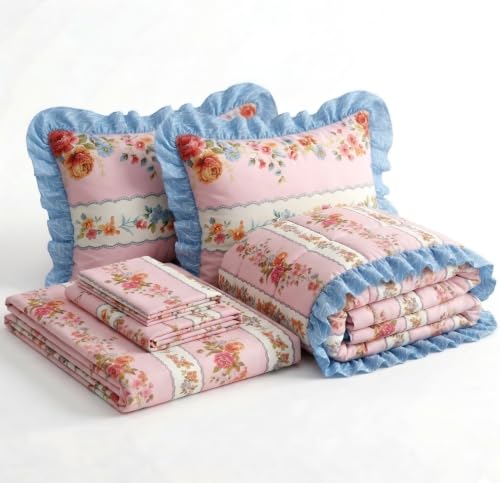 Image of SANMARINO Premium Cotton Double Bed 4 Piece Bedding Set with Frill Border | Comforter with Matching Bedsheet and Pillow | Ultra Soft & Lightweight Quilted Comforter Set |228x228 cm, Rose Garden Pink