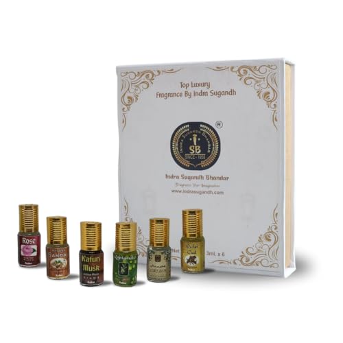 Image of INDRA SUGANDH BHANDAR Attar For Men Combo 3ml Rollon (Original Kasturi,Real Sandal,Real Rose,Musk Safi,Dubai Oud,Rajnigandha) Luxury Perfume Set Long Lasting & Alcohol Free Ittar /itra (Pack Of 6)