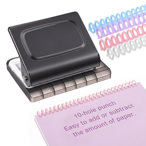 MySHUCE 10 Hole Binding Machine for Planners, Metal Manual Binding System with 10 Multi-Color 30-Hole Loose Leaf Binding Spines, Punches 26 Holes on B5, 30 Holes on A4, 20 Holes on A5 Paper, Black
