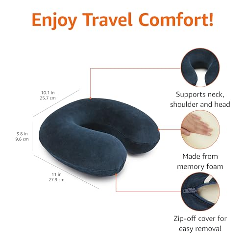Amazon Basics Memory Foam Travel Neck Pillow with Removable Cover and Elastic Carrying Strap, Navy Blue, Semicircular - Image 4