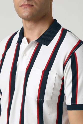 Image of Peter England Men's 100% Cotton Vertical Striped Polo T-Shirt - Casual Wear | Sleek & Comfortable