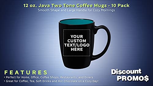 Discount Promos 10 Java Two Tone Coffee Mugs Set, 12 Oz. - Customizable Text, Logo - Stoneware, Durable, Easy Grip - Blackteal #TOP1