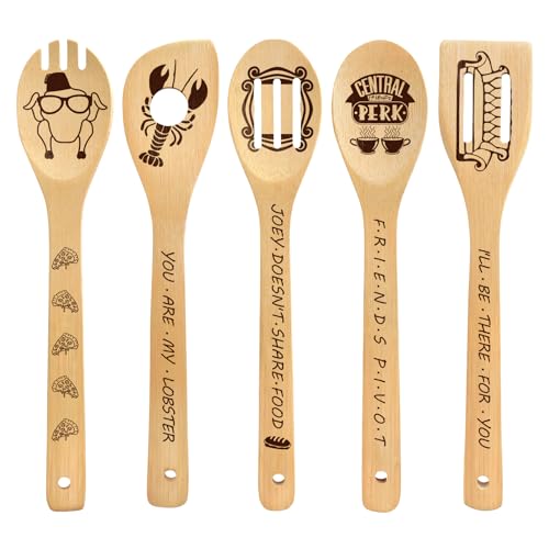 PWHINGN 5Pcs Friends Wooden Cooking Spoons, Bamboo Spoons for Cooking Kitchen Utensils Set, Kitchen Decor Accessories Novelty Friends TV Show Merchandise Gifts for Women Fans