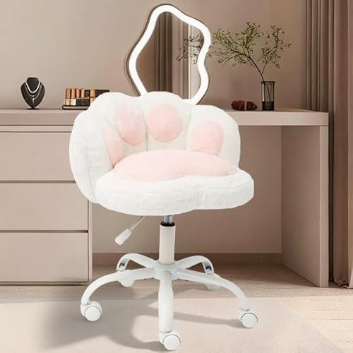Garvee Vanity Chair with Cat Paw Back,Armless Desk Chair Cute Small Office Chair with Wheels,Teddy Fabric 360°Rotating Computer Chair,Adjustable Heig