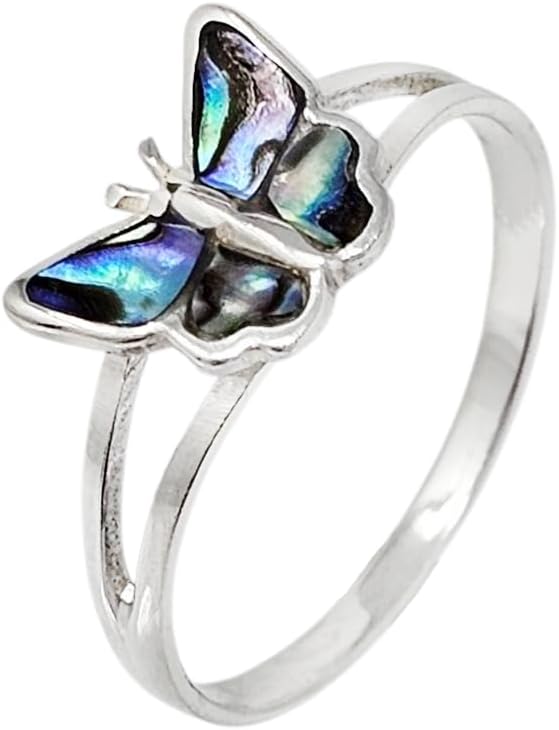 TreasureBay Elgeant and Delicate 925 Sterling Silver Butterfly Ring for Women and Girls – Women's Handmade Inlaid Shell MOP Design Finger Ring – Sizes L N P R – Gift for Her (Abalone, R)