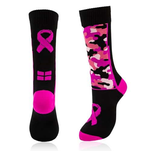 QEES Pink Sports Breast Cancer Awareness Socks For Youth Boys Adults Women Men (US, Alpha, Small, Large, Regular, Regular, S, PInk+Black)