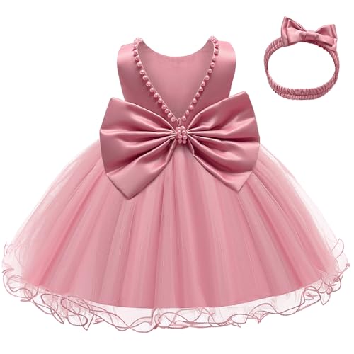LZH Baby Girls rüschen Spitze Backless mit Headwear, Bowknot Blume Kleider Pageant Party Hochzeit Bohnenpulver