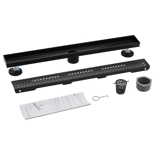 AVSIILE Linear Shower Floor Drain, Matte Black 18 Inch 304 Stainless Steel Bathroom Drains Kit, Long Rectangular Shower Trench Drain with Square Pattern Drain Cover & Hair Catcher