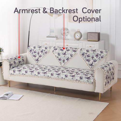 Image of HOKIPO Lavender Vine Quilted Sofa Cover Mat for 3 Seater Sofa with Tassels 'Tassel Twigs' Series (IN-985-T1)