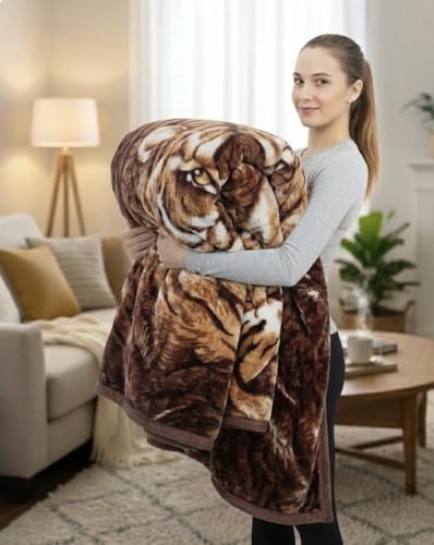 Tiger Animal Print Blanket 5.3 Lbs - Warm Plush, Heavy Thick, and Soft Fuzzy Fleece for Cozy Comfort Winter - Korean Mink Mexican Cobijas San Marcos Adults Blankets - Big Tigre Queen Size 75" X 90