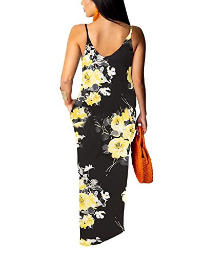 Image of Maxi Dress for Women Casual Sexy Summer Floral Spaghetti Strap Sleeveless Long Sundress with Pockets Plus Size, Medium