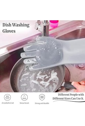 Image of Hand Gloves for Kitchen Cleaning, Dish Washing Silicone Gloves Dishwashing Hands wash utensil for women men, Home essentials Pet Hair Care Grooming, Car, Bathroom (Multicolour, Pack of 1)