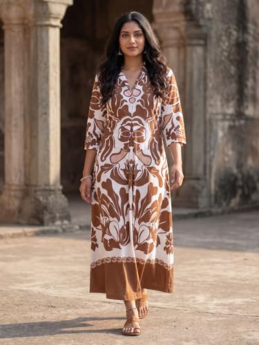 Image of HELLCAT Floral Brown Women Dress|New Trending Dress for Women|Western 3 /4 Sleeve A-line