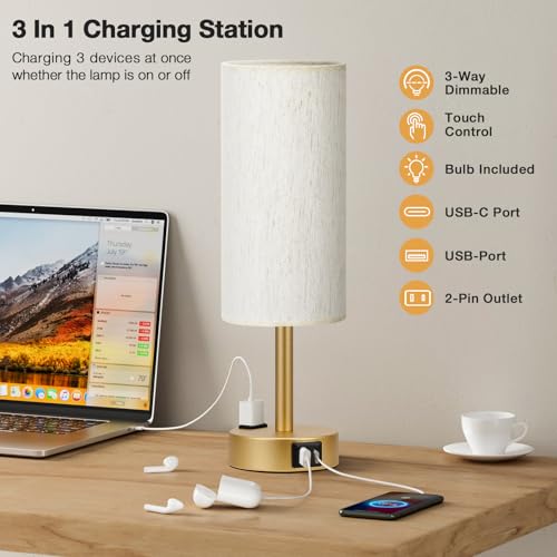 PartageiZ Gold Touch Table Lamps Set - 3 Way Dimmable Bedroom Lamps with USB C and A Ports, Small Lamps for Nightstand with AC Outlet, Gold Base Round Flaxen Shade for Desk, Office, Dorm, Nursery by PartageiZ - Image 2